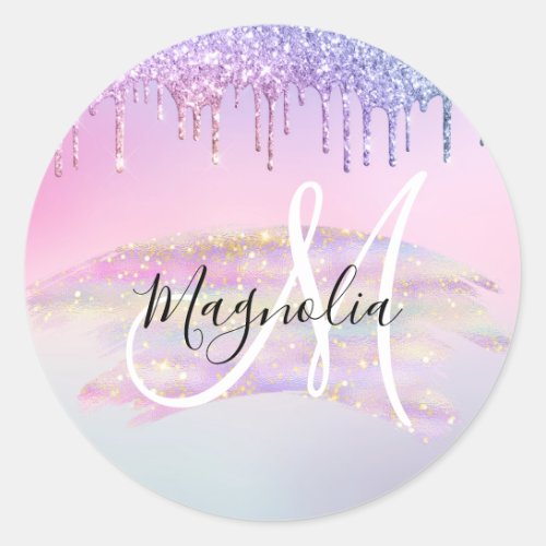 Glam Rainbow Unicorn Ombre Glitter Pink Monogram Classic Round Sticker