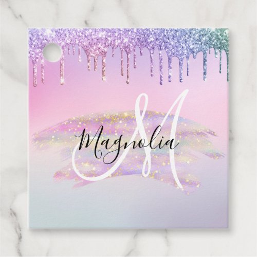 Glam Rainbow Unicorn Ombre Glitter Pink Monogram Favor Tags