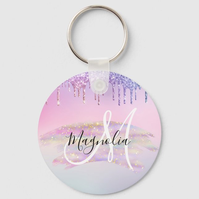 Glam Rainbow Unicorn Ombre Glitter Pink Monogram Keychain (Front)