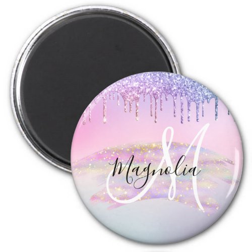 Glam Rainbow Unicorn Ombre Glitter Pink Monogram Magnet