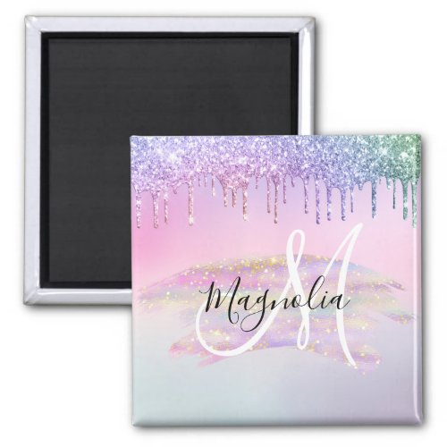 Glam Rainbow Unicorn Ombre Glitter Pink Monogram Magnet