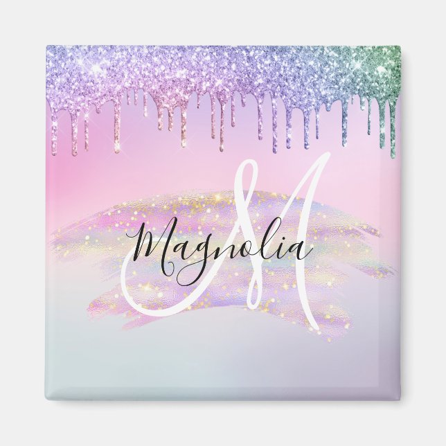 Glam Rainbow Unicorn Ombre Glitter Pink Monogram Magnet (Front)
