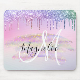 Glam Rainbow Unicorn Ombre Glitter Pink Monogram Mouse Pad