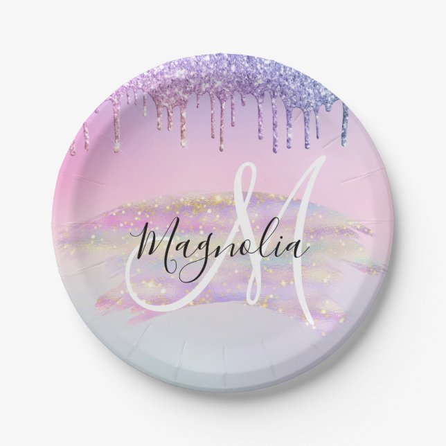 Glam Rainbow Unicorn Ombre Glitter Pink Monogram Paper Plates (Front)