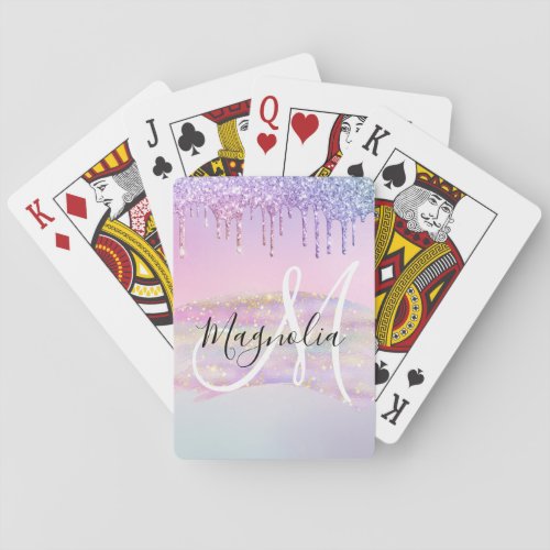 Glam Rainbow Unicorn Ombre Glitter Pink Monogram Playing Cards