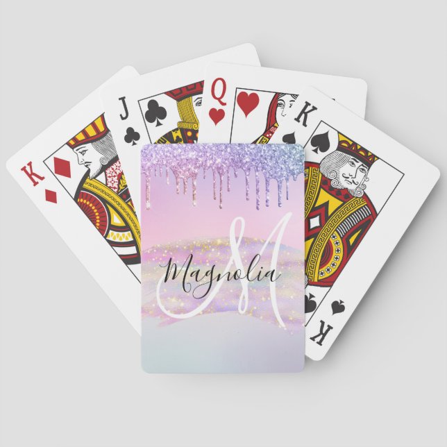 Glam Rainbow Unicorn Ombre Glitter Pink Monogram Poker Cards (Back)