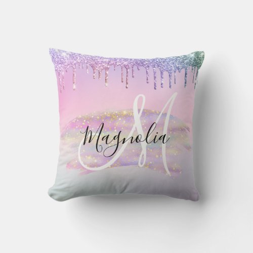 Glam Rainbow Unicorn Ombre Glitter Pink Monogram Throw Pillow