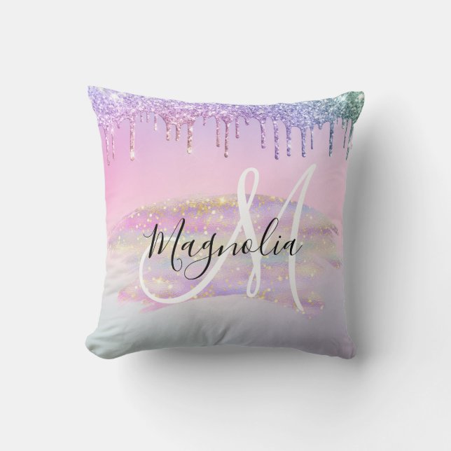 Glam Rainbow Unicorn Ombre Glitter Pink Monogram Throw Pillow (Front)