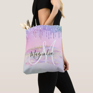 Glam Rainbow Unicorn Ombre Glitter Pink Monogram Tote Bag