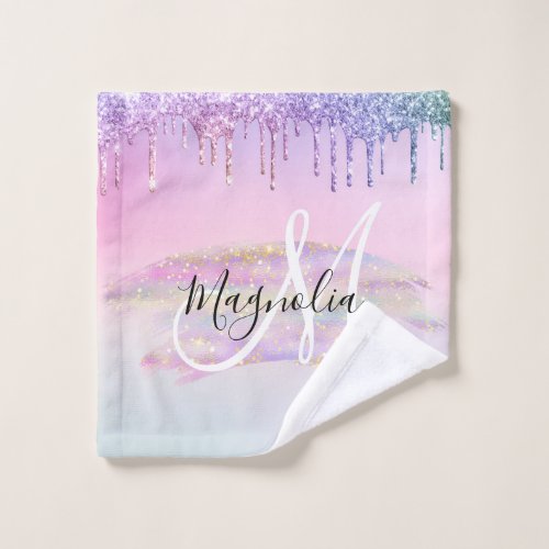 Glam Rainbow Unicorn Ombre Glitter Pink Monogram Wash Cloth
