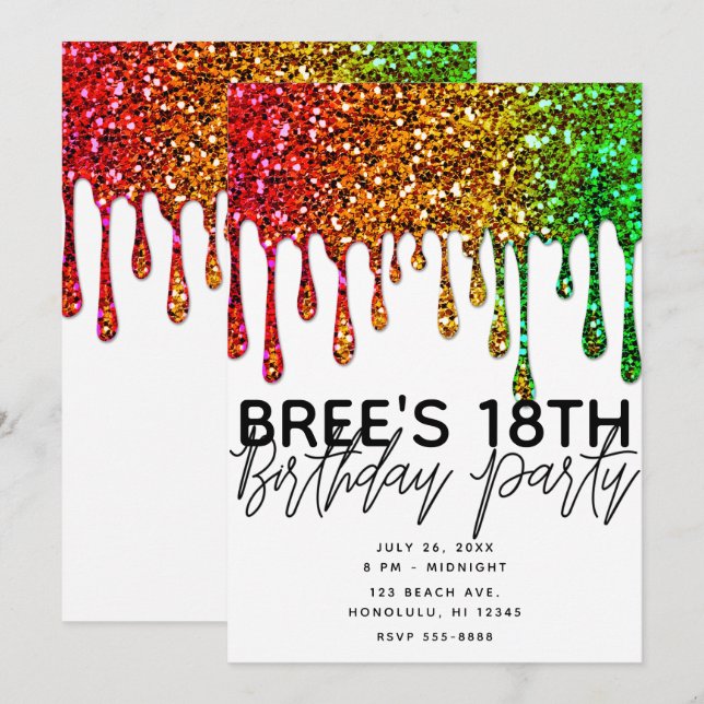 Glam Rasta Rainbow Glitter Drips Birthday Party Invitation (Front/Back)