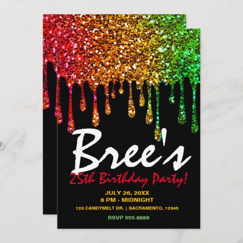 Glam Rasta Rainbow Glitter Drips Birthday Party Invitation