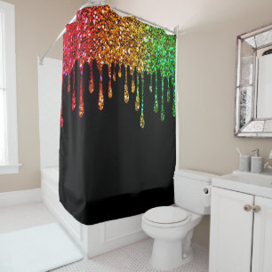 Glam Rasta Rainbow Glitter Drips Black Shower Curtain