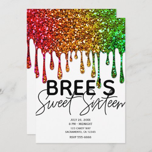 Glam Rasta Rainbow Glitter Drips Sweet 16 Party Invitation