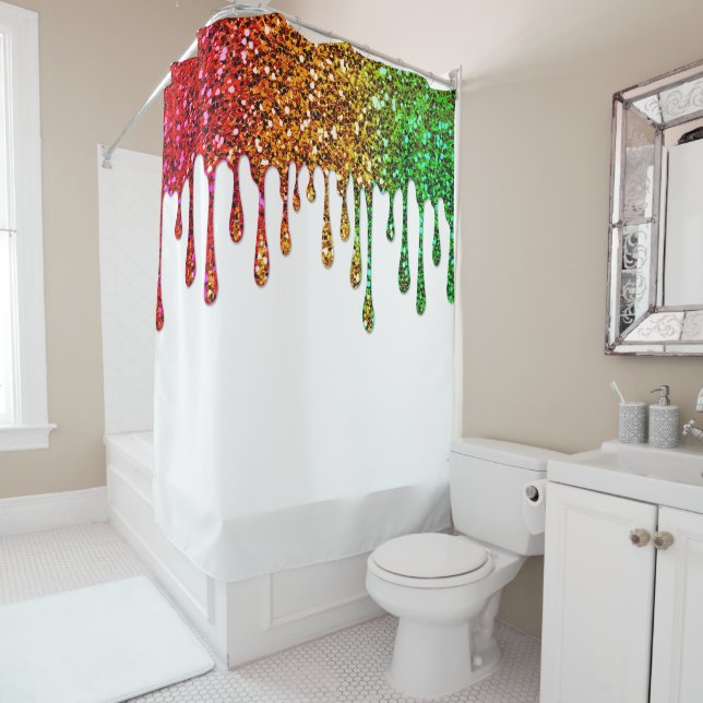 Glam Rasta Rainbow Glitter Drips White Shower Curtain (In Situ)