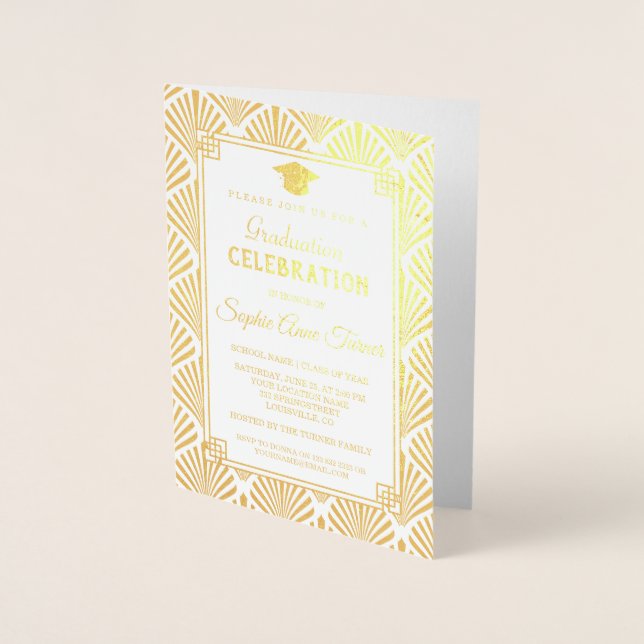 Glam Real Gold Foil Art Deco Graduation Party Card (Front)