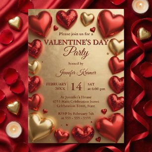 Glam Red and Gold 3D Hearts Valentine's Day Party Invitation