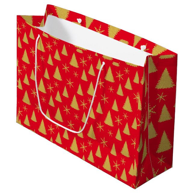 Glam Red and Gold Christmas Tree Pattern Large Gift Bag (Front Angled)