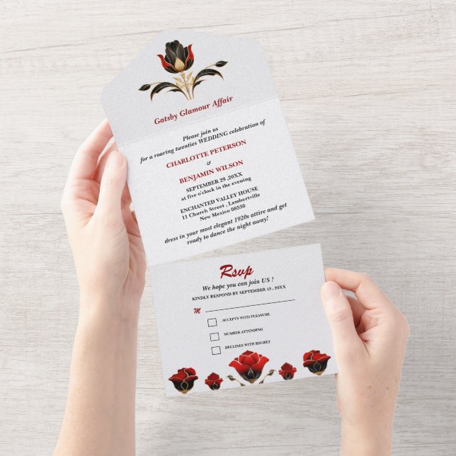 Glam Red Black Gold Gatsby Art Deco 1920s Wedding  All In One Invitation (Tearaway)
