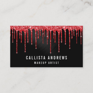 Glam Red Black Metallic Glitter Drips Makeup Business Card