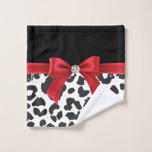 Glam Red Bow-White Leopard Print-Black Bath Towel Set
