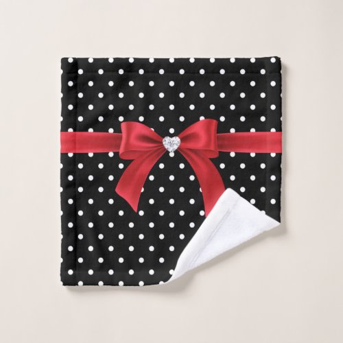 Glam Red Bow_White Polka Dots_Black Bath Towel Set