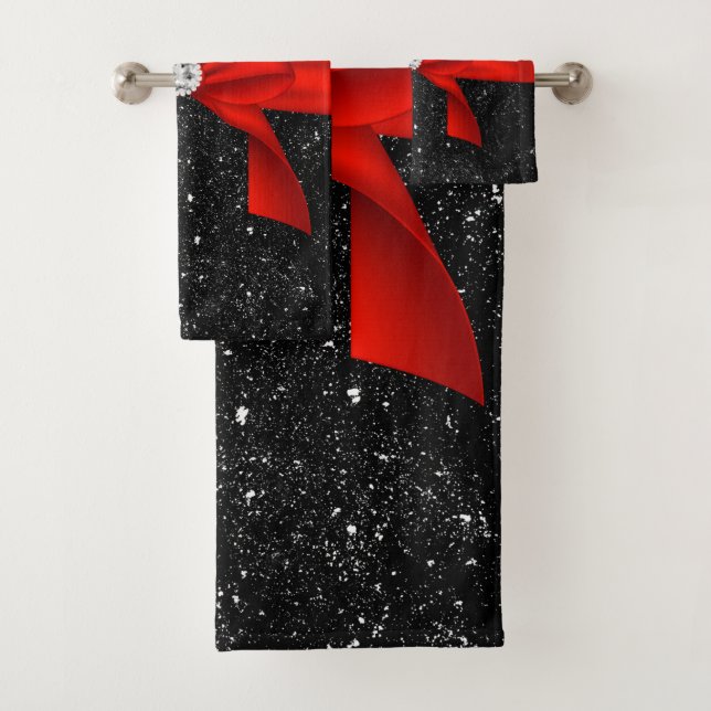 Glam Red Bow-Zebra Print-Black Sparkle Bath Towel Set (Insitu)