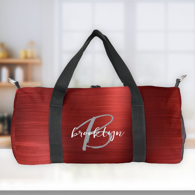 Glam Red Brushed Metal Gray White Monogram  Duffle Bag (Creator Uploaded)