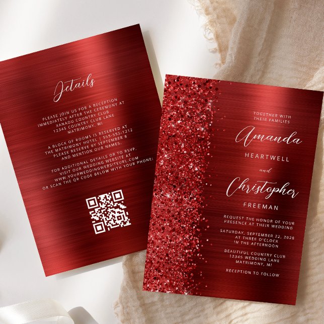 Glam Red Brushed Metal QR Code Wedding Invitation (Creator Uploaded)