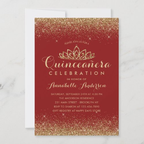 Glam Red Burgundy Quinceaera Gold Tiara Glitter Invitation