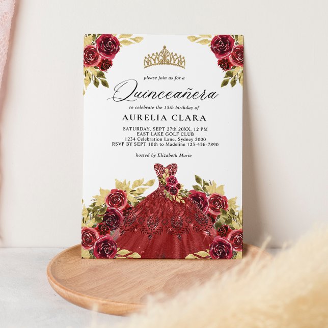 Glam Red Dress Floral Watercolor 15th Quinceañera Invitation (Creator Uploaded)