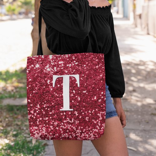 Glam Red Faux Glitter Bokeh Sparkles Monogram Tote Bag