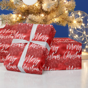 Glam Red Foil Glitter Merry Christmas Calligraphy Wrapping Paper