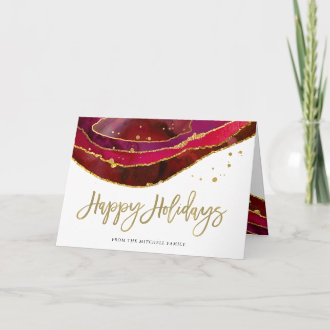 Glam Red Geode with Gold | Happy Holidays Holiday Card (Front)