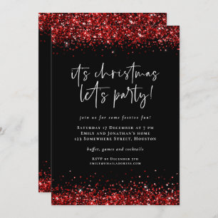 Glam Red Glitter Borders Lets Party Christmas Invitation