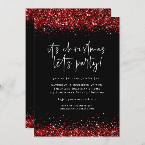 Glam Red Glitter Borders Lets Party Christmas  Invitation