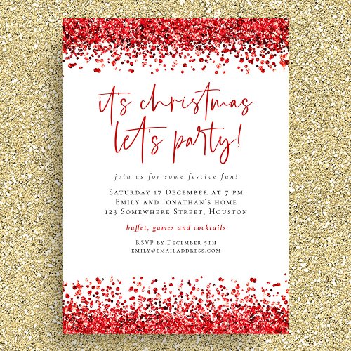 Glam Red Glitter Christmas Lets Party Invitation