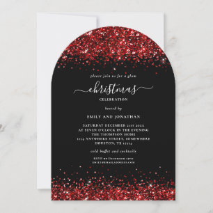 Glam Red Glitter Christmas Party Black Arch Invitation