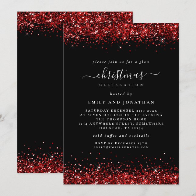 Glam Red Glitter Christmas Party Black Invitation (Front/Back)