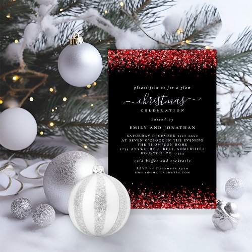 Glam Red Glitter Christmas Party Black Invitation