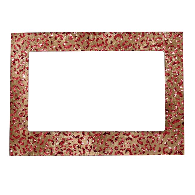 Glam Red Glitter Gold Leopard Print Magnetic Frame (Front)