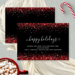 Glam Red Glitter Happy Holidays Black Christmas Holiday Card
