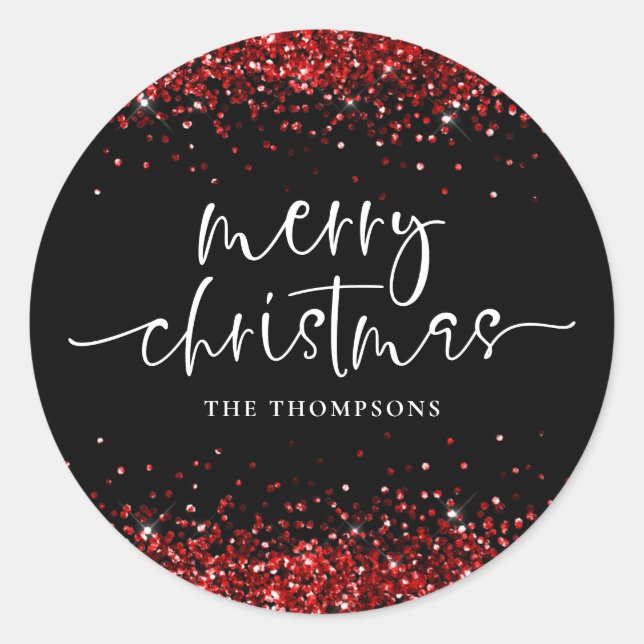 Glam Red Glitter Merry Christmas Black Classic Round Sticker (Front)