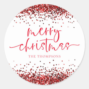 Glam Red Glitter Merry Christmas White Classic Round Sticker