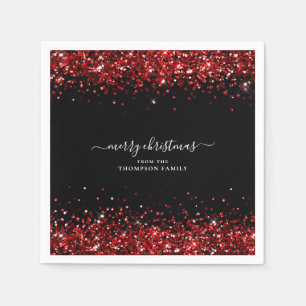 Glam Red Glitter Name Merry Christmas Black Napkins
