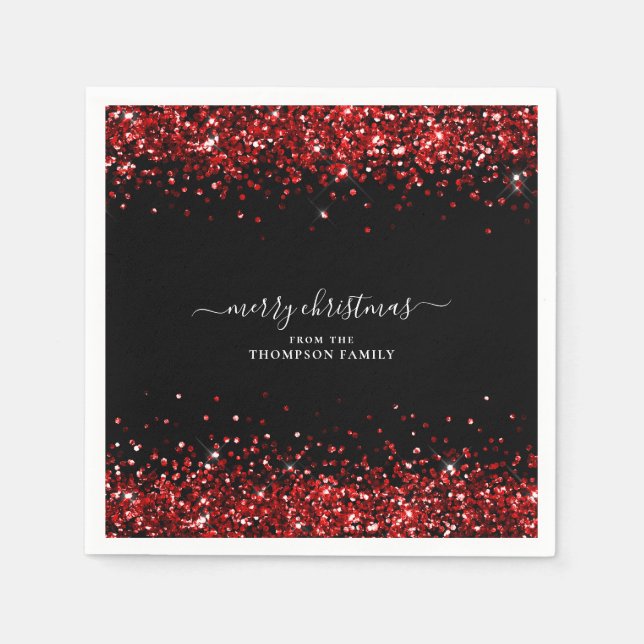 Glam Red Glitter Name Merry Christmas Black Napkins (Front)