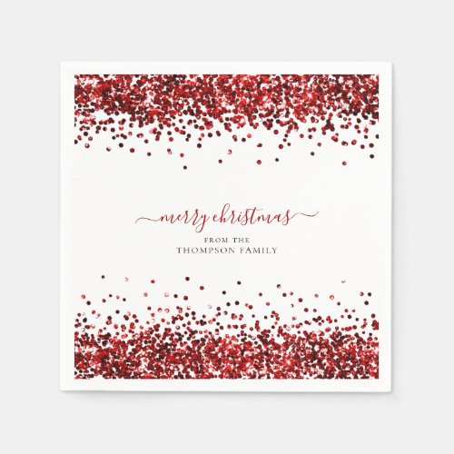 Glam Red Glitter Name Merry Christmas White  Napkins