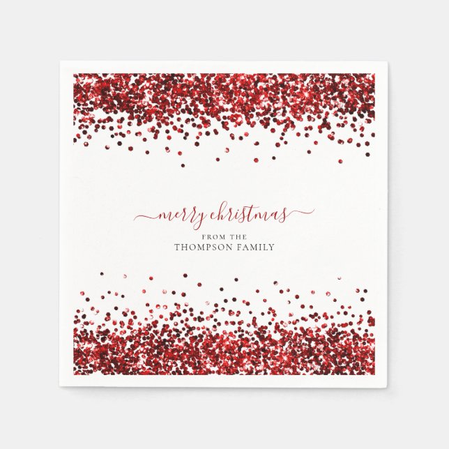 Glam Red Glitter Name Merry Christmas White  Napkins (Front)