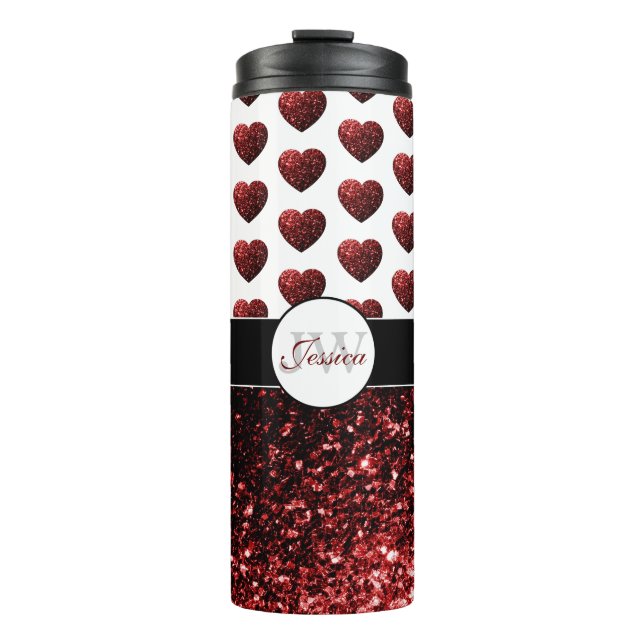 Glam Red Glitter sparkles Heart pattern Monogram Thermal Tumbler (Front)