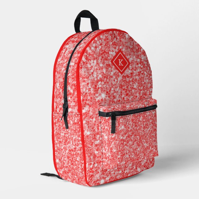 Glam red glitter texture print | monogram printed backpack (Back Corner Left)